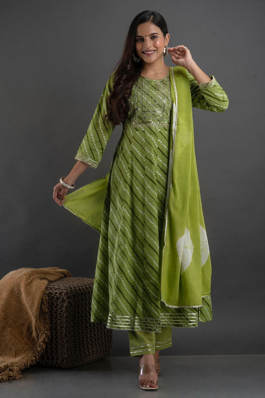 Mehendi Green Embroided Cotton Silk Anarkali Kurta Set