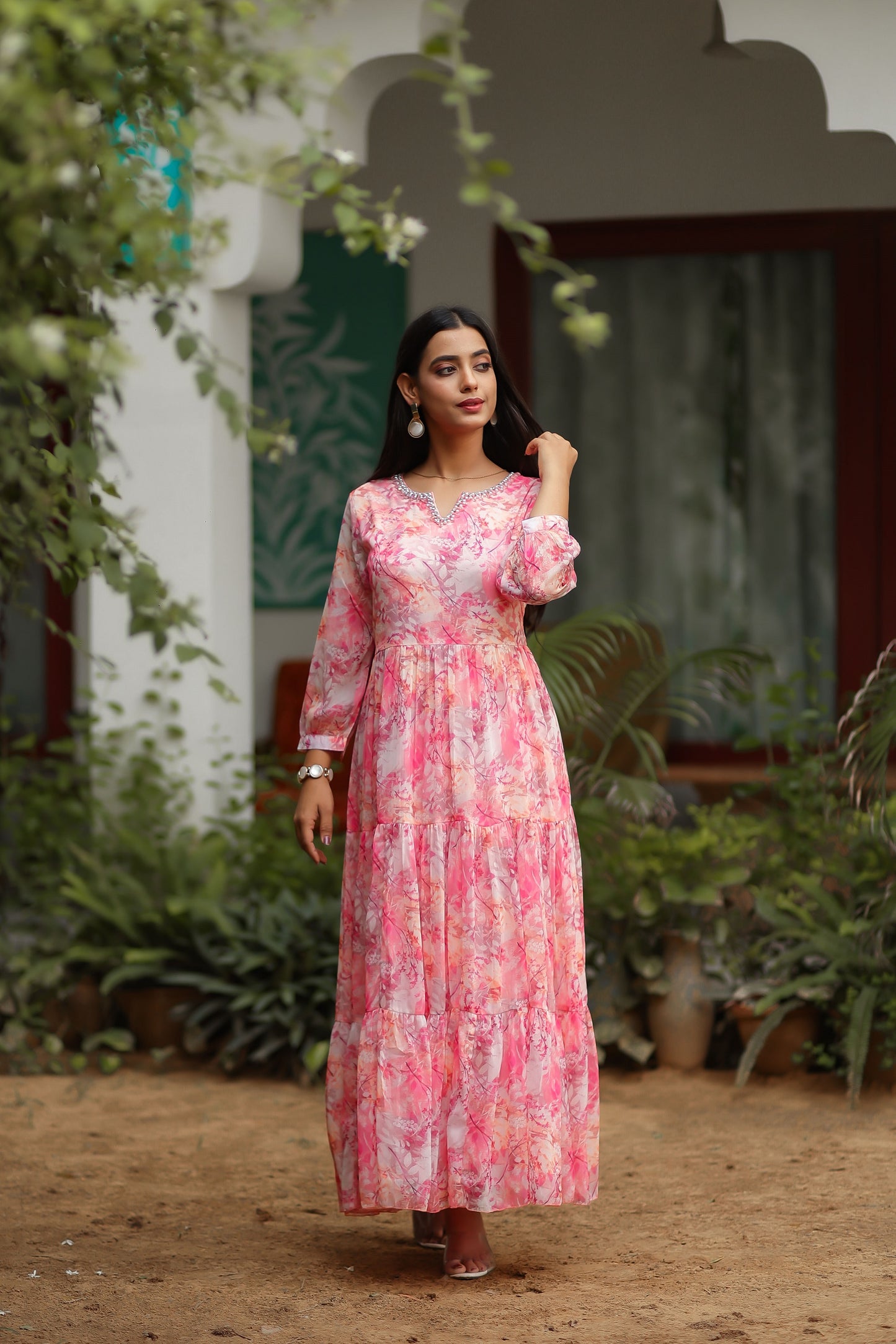 Pink Coloured Chiffon Floral Printed Dress
