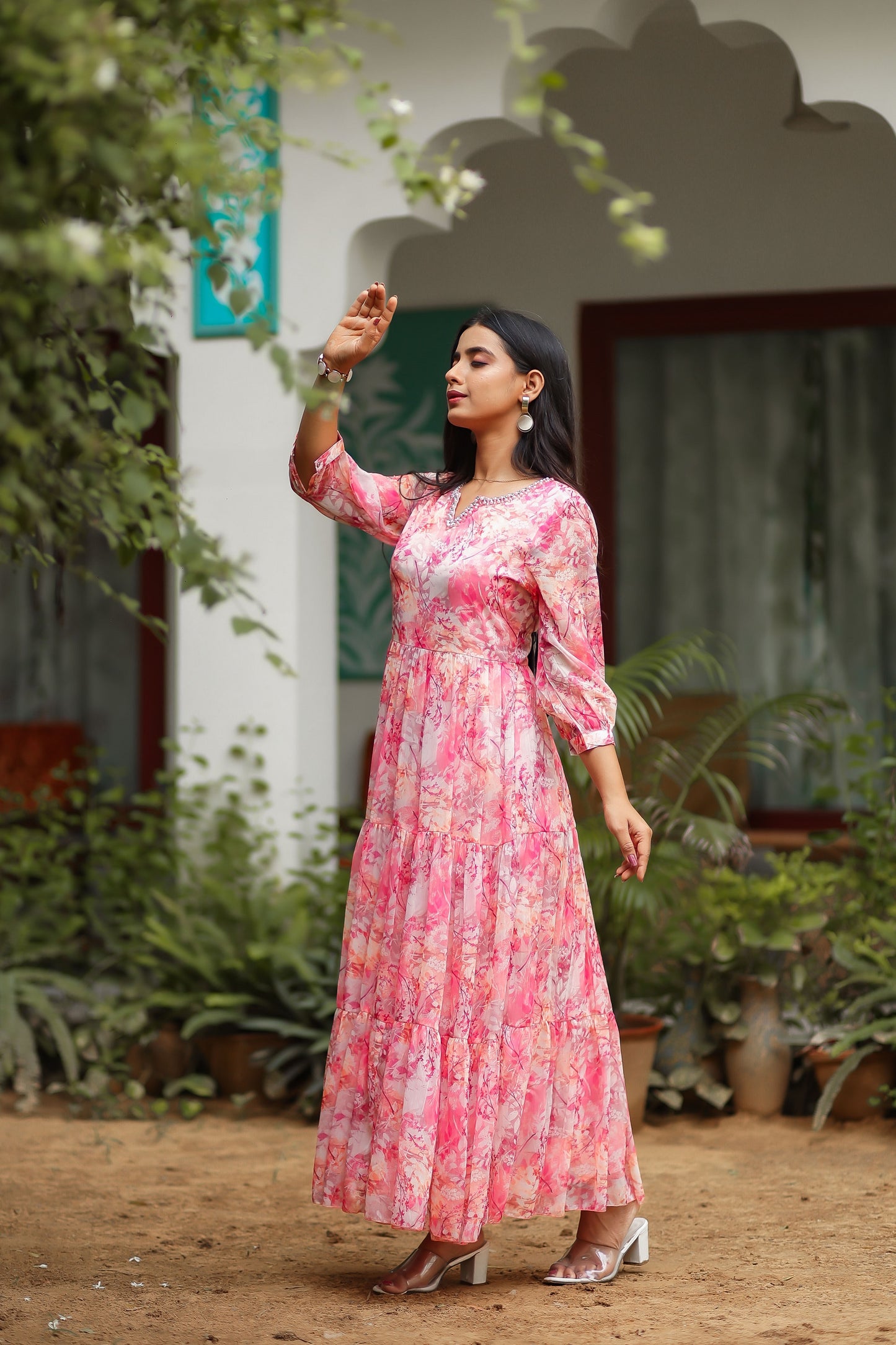 Pink Coloured Chiffon Floral Printed Dress