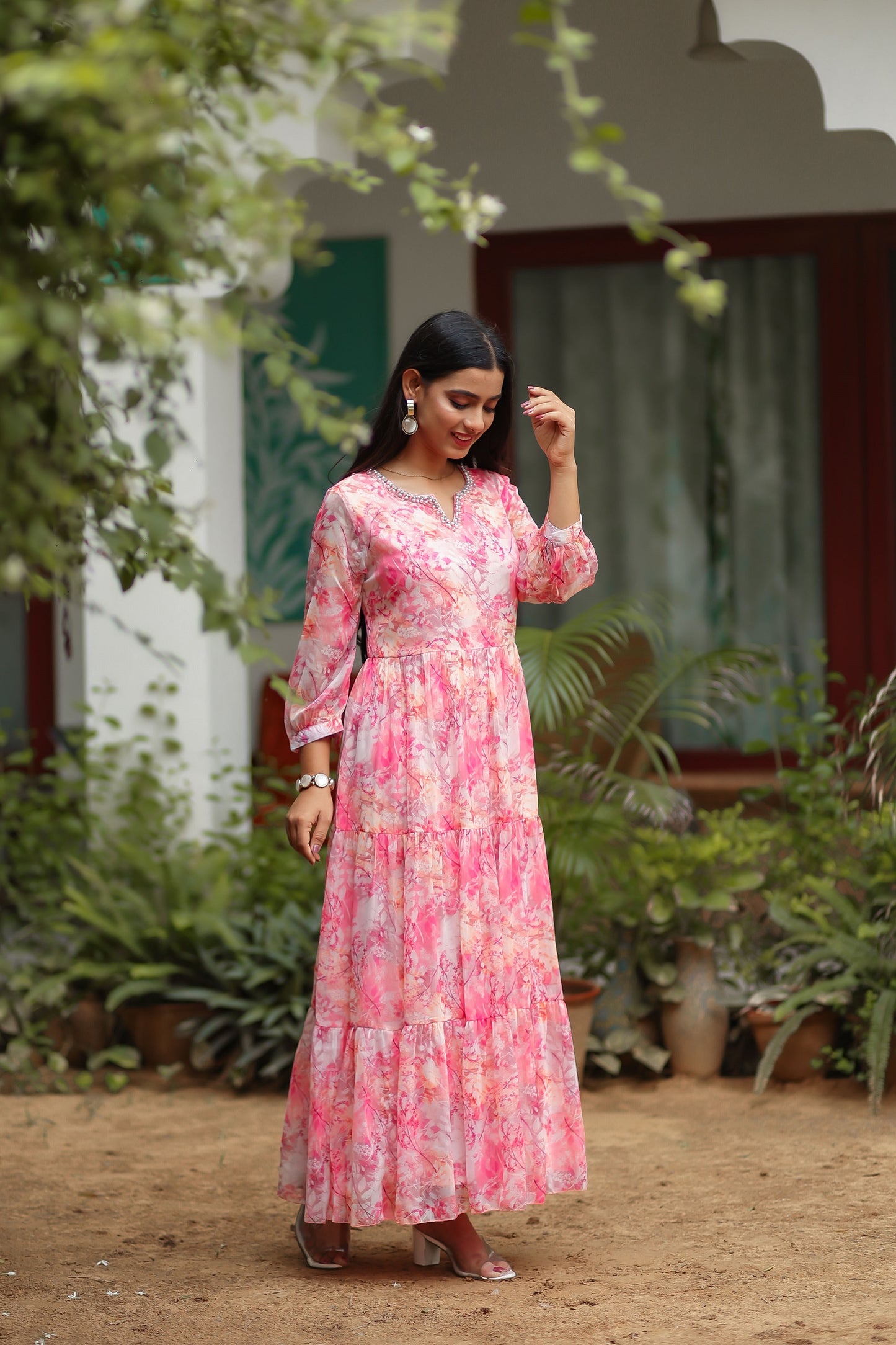 Pink Coloured Chiffon Floral Printed Dress