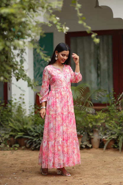 Pink Coloured Chiffon Floral Printed Dress