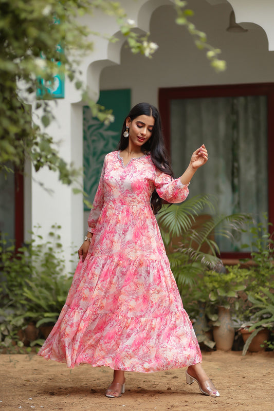 Pink Coloured Chiffon Floral Printed Dress