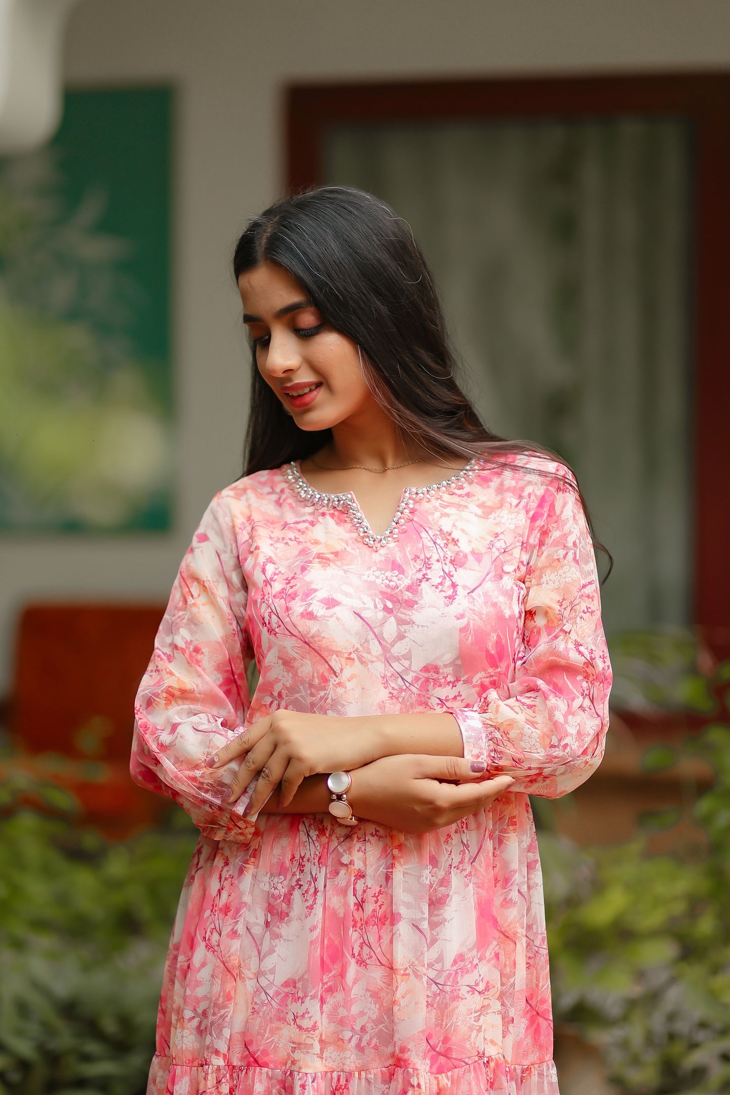 Pink Coloured Chiffon Floral Printed Dress