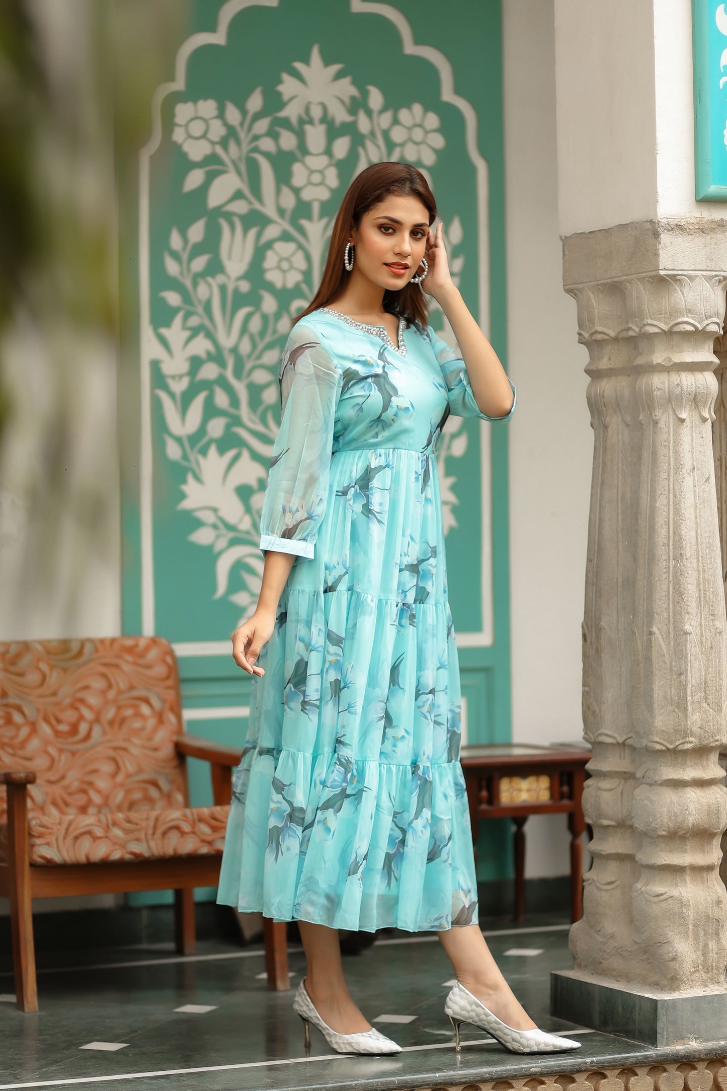 Baby Blue Coloured Chiffon Floral Printed Dress