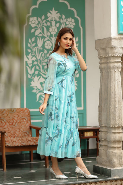 Baby Blue Coloured Chiffon Floral Printed Dress