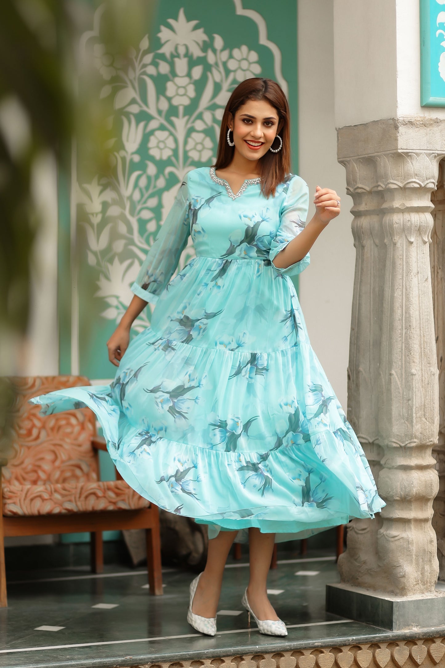 Baby Blue Coloured Chiffon Floral Printed Dress
