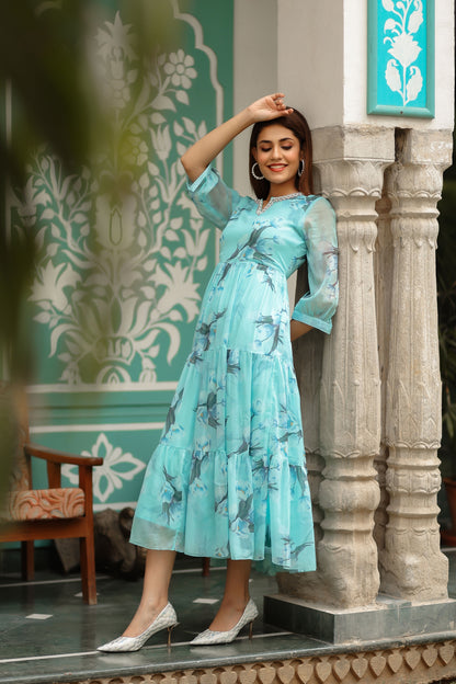 Baby Blue Coloured Chiffon Floral Printed Dress