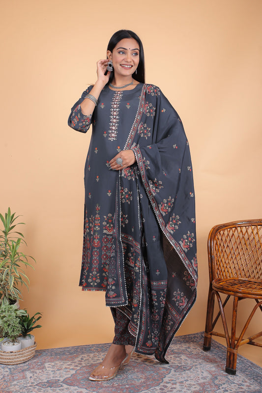 Navy Blue Cotton Silk Printed Kurta Set