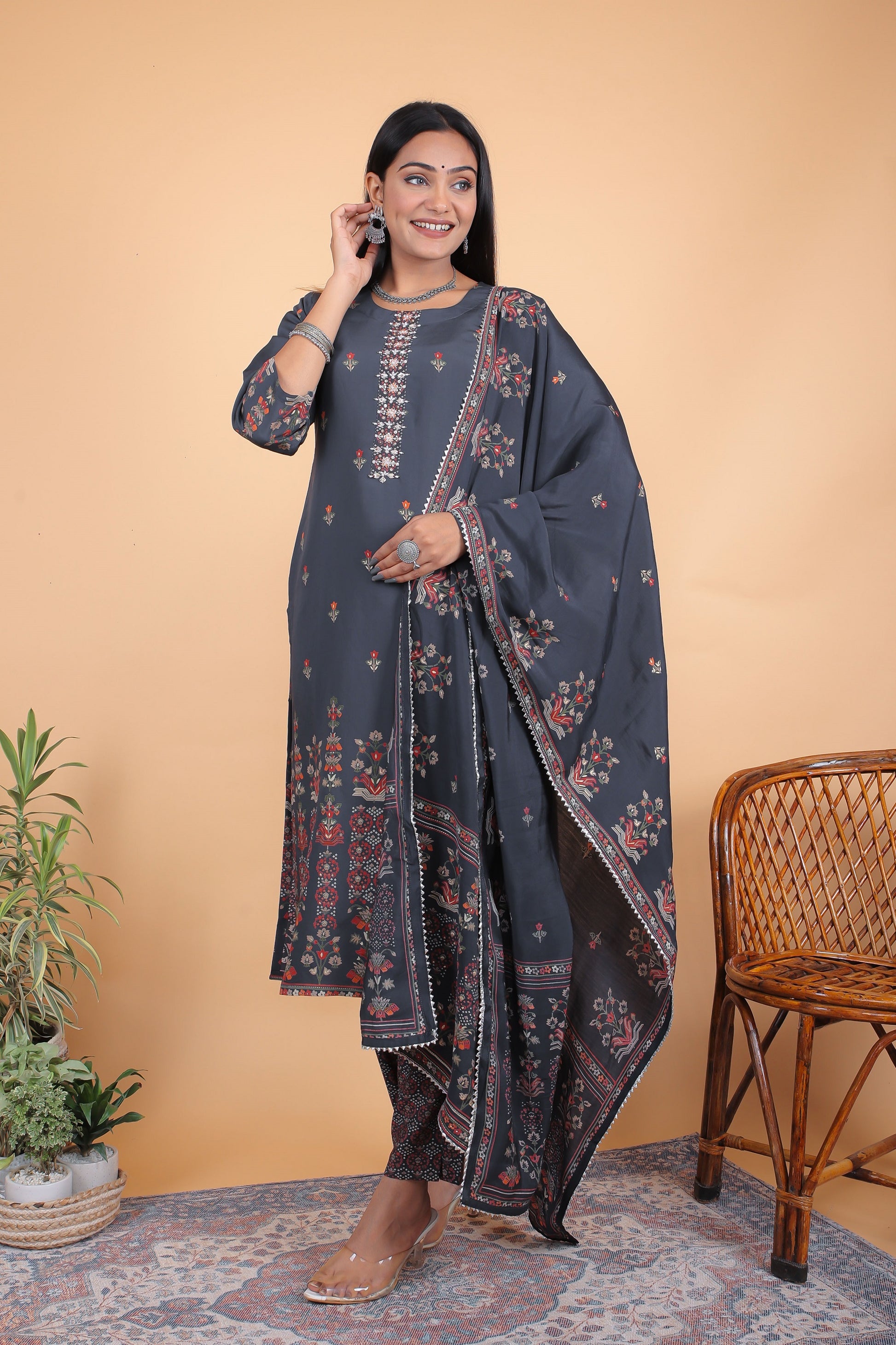 Navy Blue Cotton Silk Printed Kurta Set