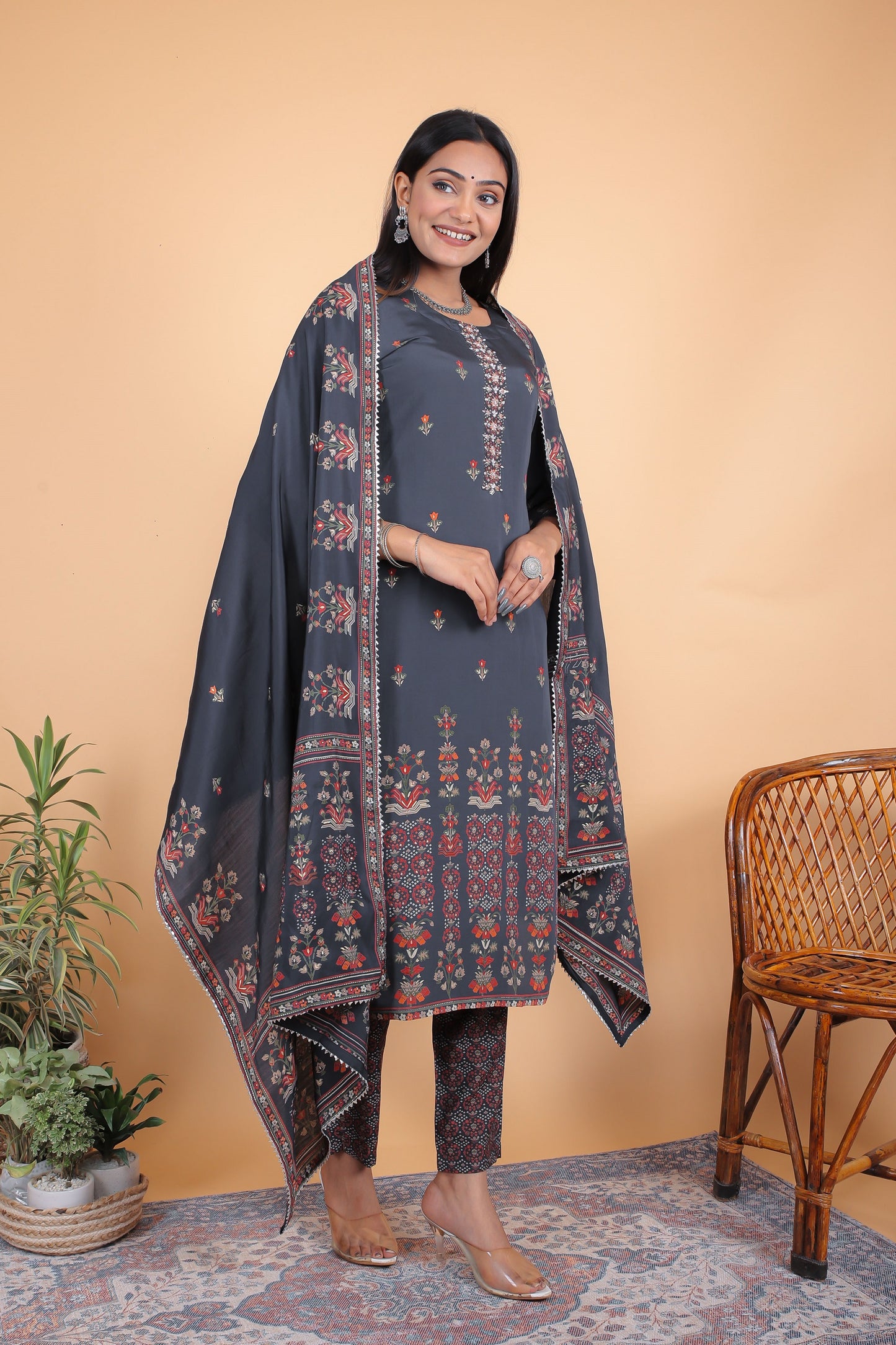 Navy Blue Cotton Silk Printed Kurta Set