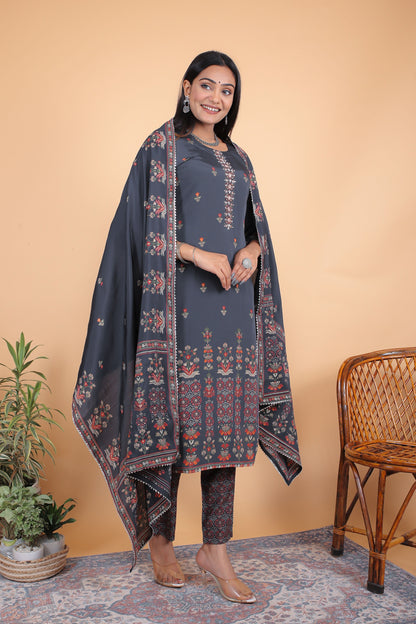 Navy Blue Cotton Silk Printed Kurta Set