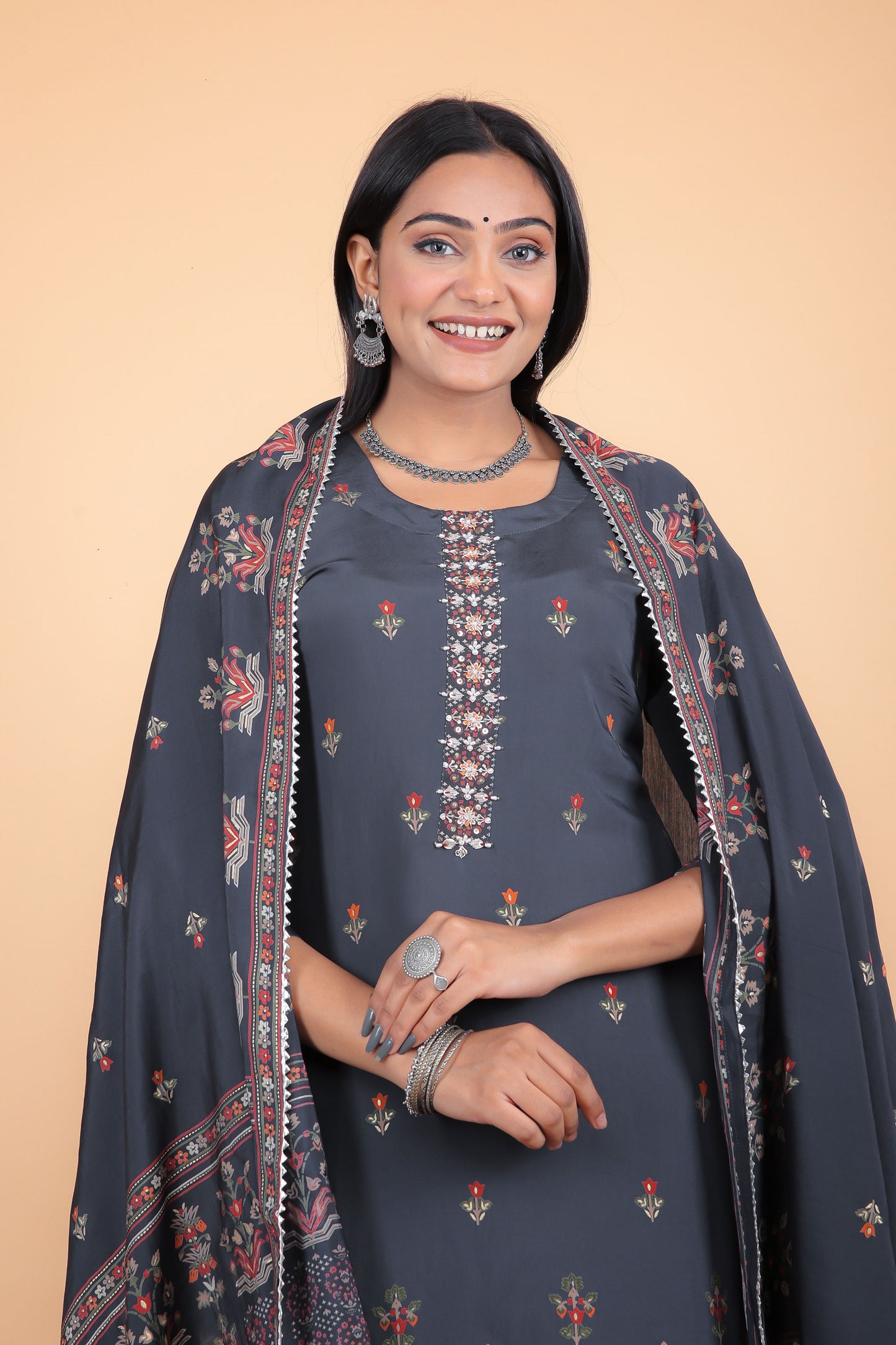 Navy Blue Cotton Silk Printed Kurta Set