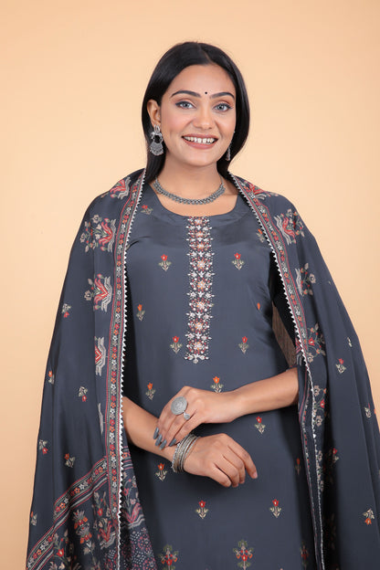 Navy Blue Cotton Silk Printed Kurta Set