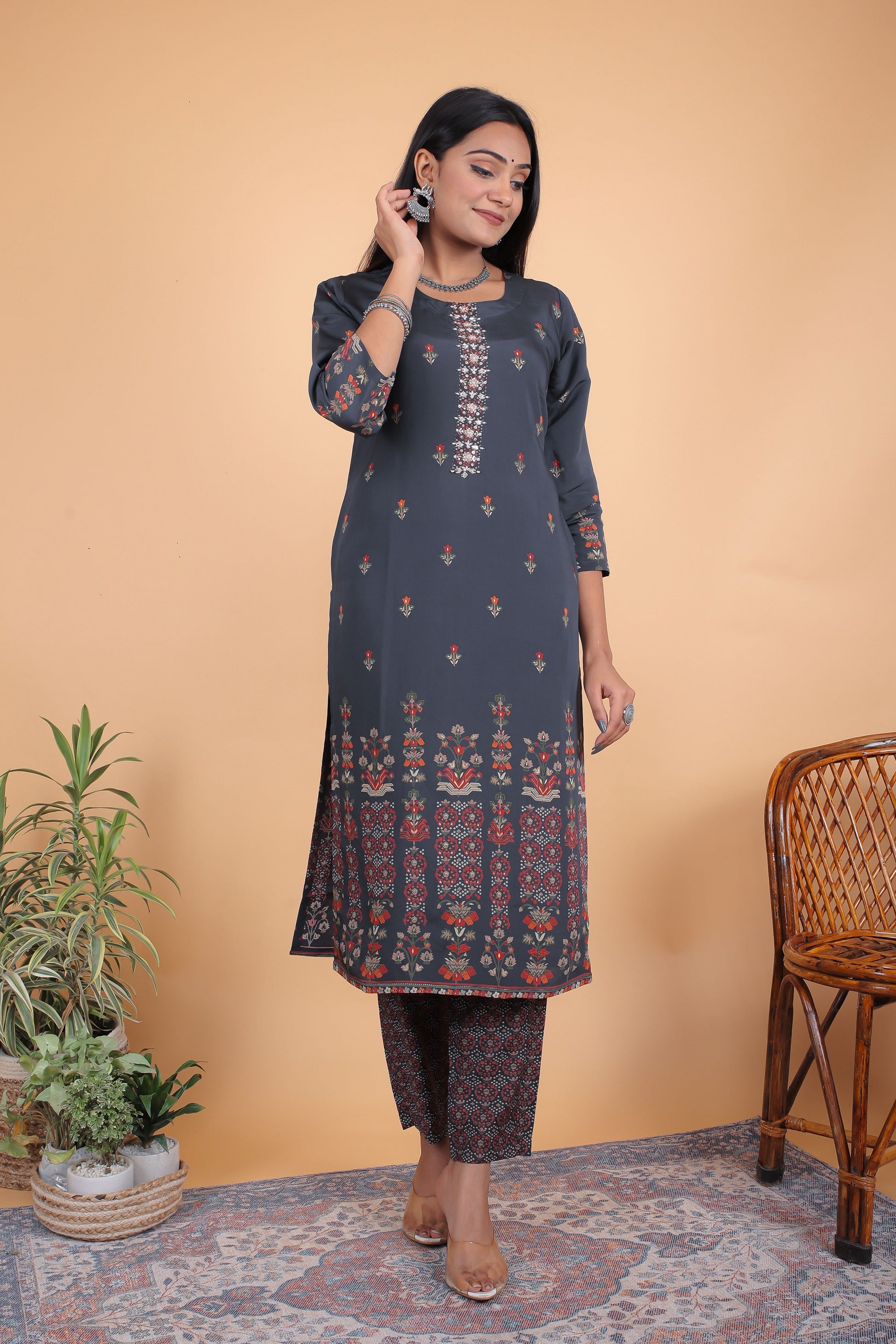 Navy Blue Cotton Silk Printed Kurta Set