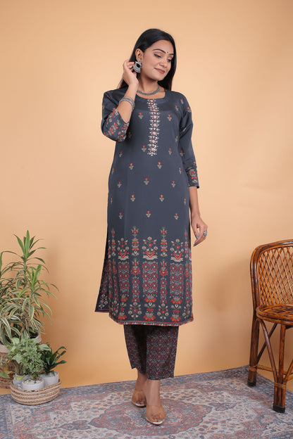 Navy Blue Cotton Silk Printed Kurta Set
