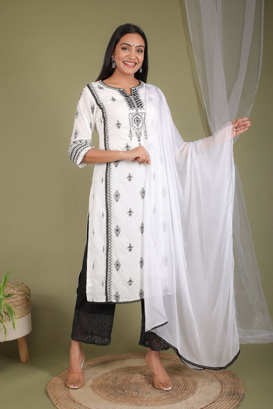 Ethnic White Self Woven Cotton Pant Set With Thread And Mirror Work