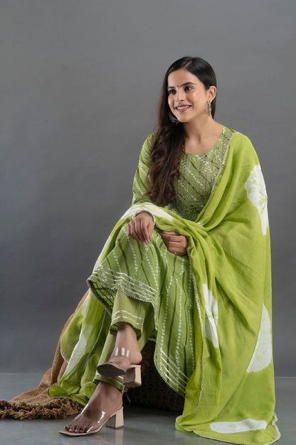Mehendi Green Embroided Cotton Silk Anarkali Kurta Set