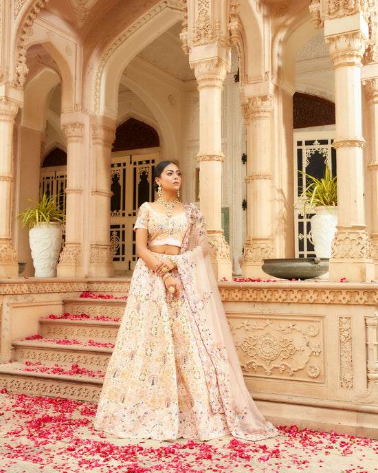 Peach Lehenga Choli In Raw Silk With Colorful Resham Work With Golden Zardozi Embroidered Floral Jaal