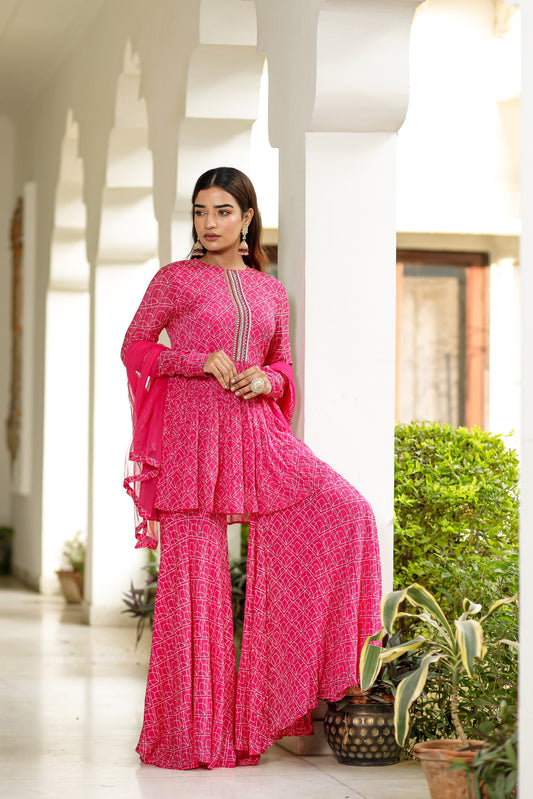 Pink Digitally Printed Chinnon Crepe Three Piece Sharara Set With Embellishment