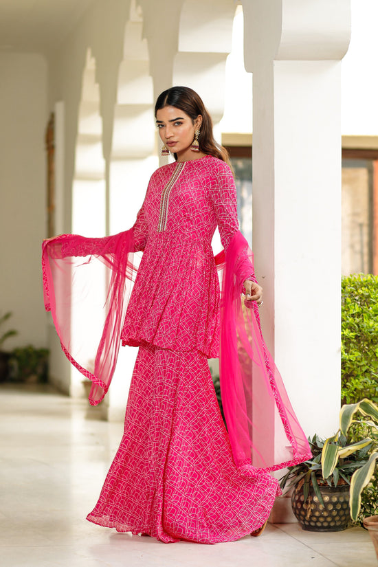 Pink Digitally Printed Chinnon Crepe Three Piece Sharara Set With Embellishment