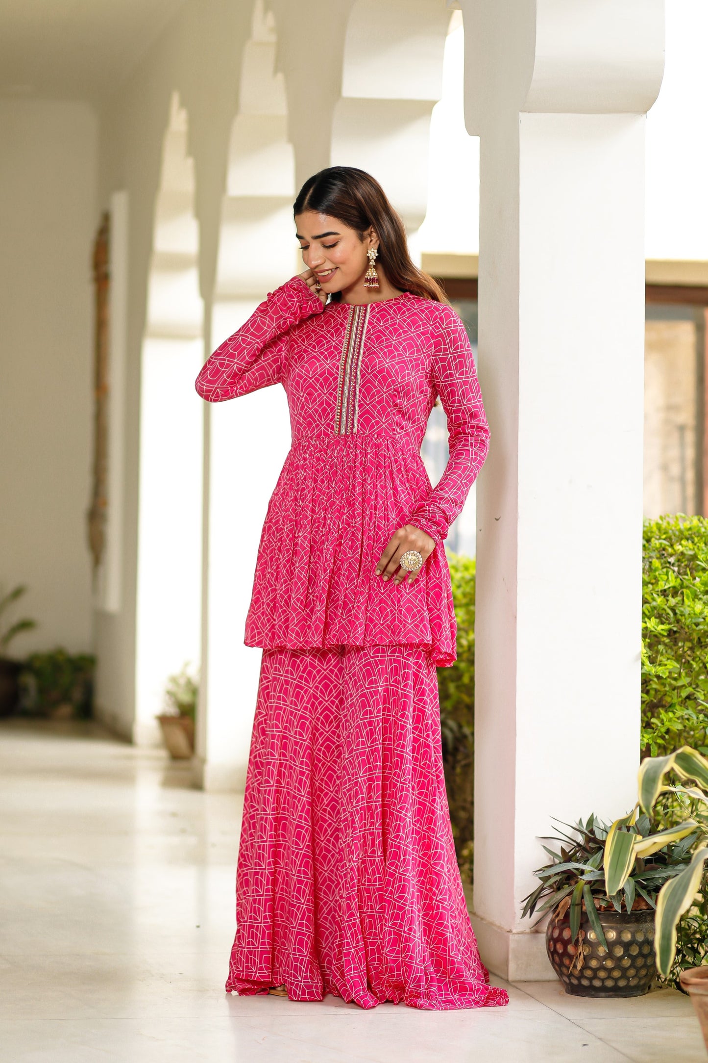 Pink Digitally Printed Chinnon Crepe Three Piece Sharara Set With Embellishment