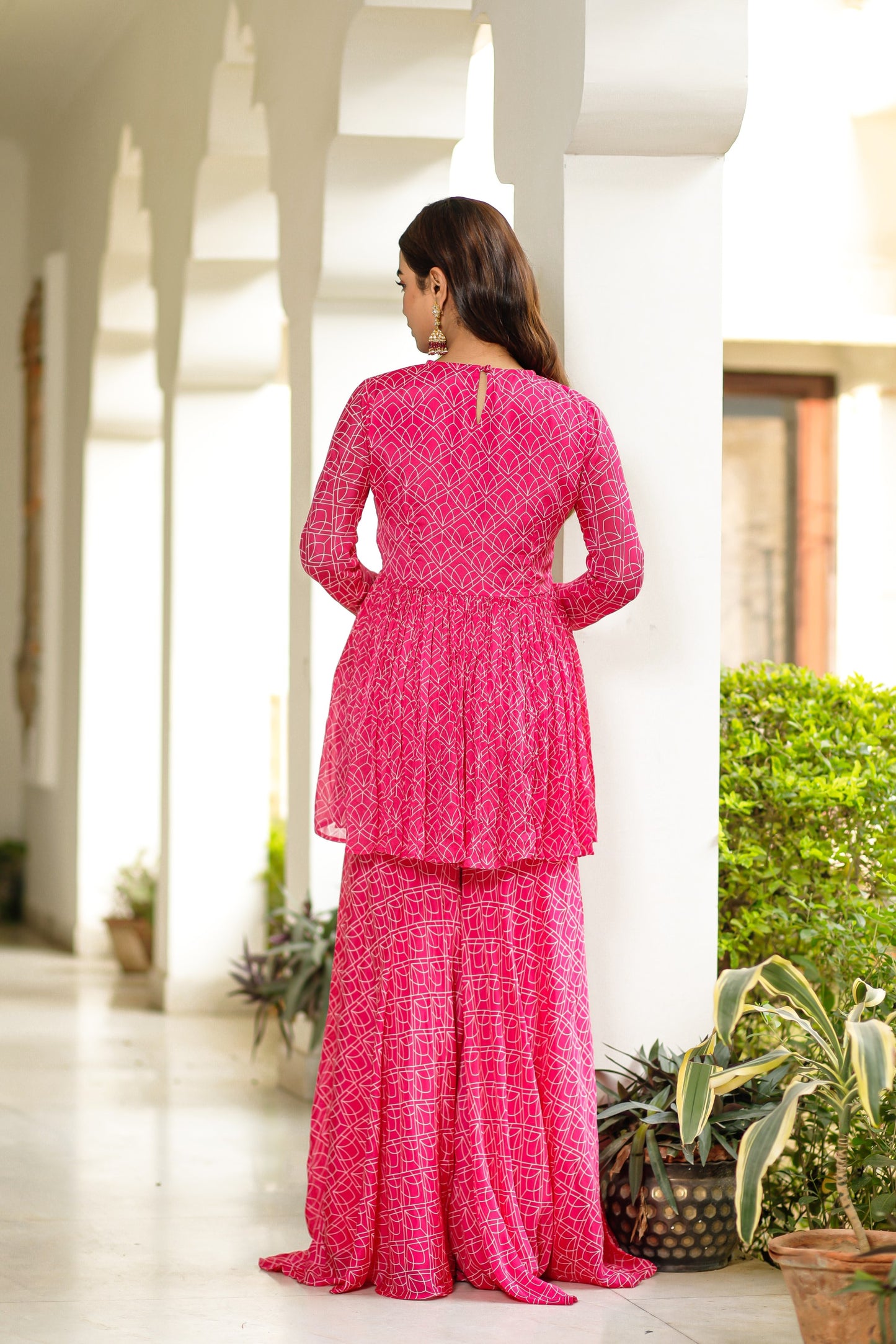 Pink Digitally Printed Chinnon Crepe Three Piece Sharara Set With Embellishment