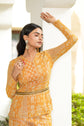 Mustard Yellow Printed Georgette Long Choli With Sequin Embellishments with Bell Bottom Pants and Belt