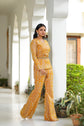 Mustard Yellow Printed Georgette Long Choli With Sequin Embellishments with Bell Bottom Pants and Belt