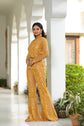 Mustard Yellow Printed Georgette Long Choli With Sequin Embellishments with Bell Bottom Pants and Belt