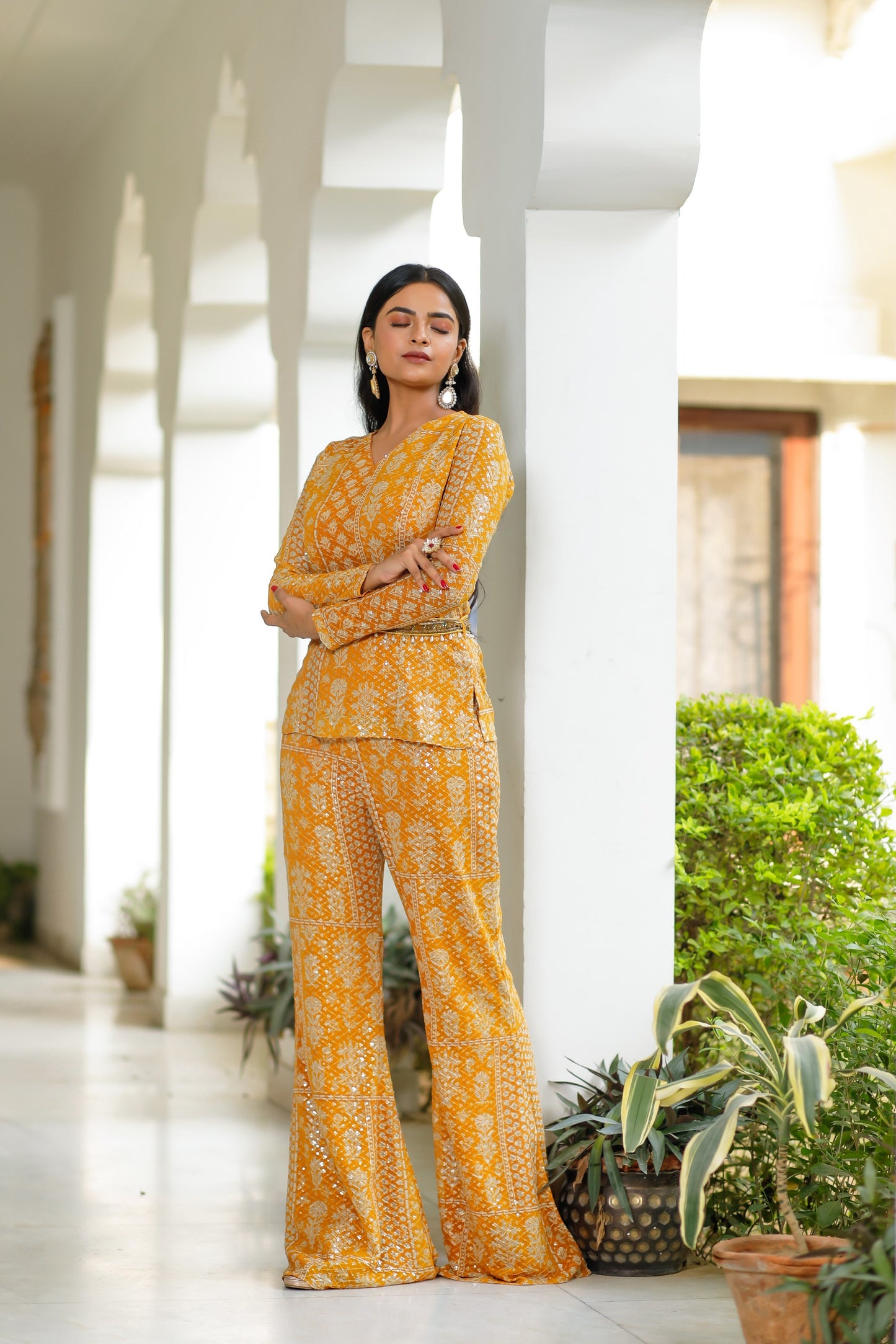 Mustard Yellow Printed Georgette Long Choli With Sequin Embellishments with Bell Bottom Pants and Belt