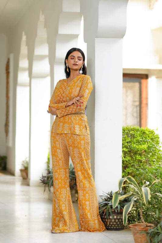Mustard Yellow Printed Georgette Long Choli With Sequin Embellishments with Bell Bottom Pants and Belt