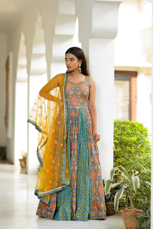 Multi-Coloured Printed Anarkali With Dupatta