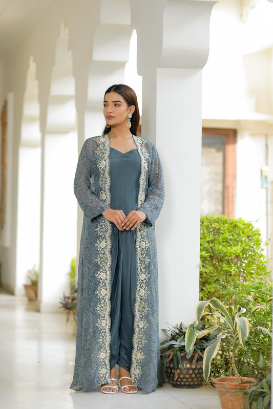 Dark Grey Three Piece Set With Hand Moti Work