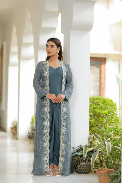 Dark Grey Three Piece Set With Hand Moti Work