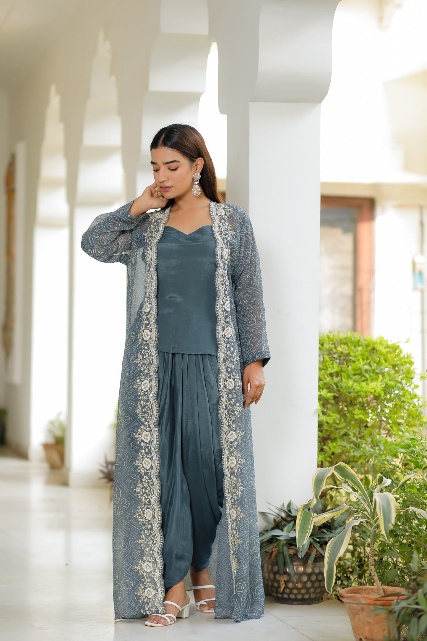 Dark Grey Three Piece Set With Hand Moti Work