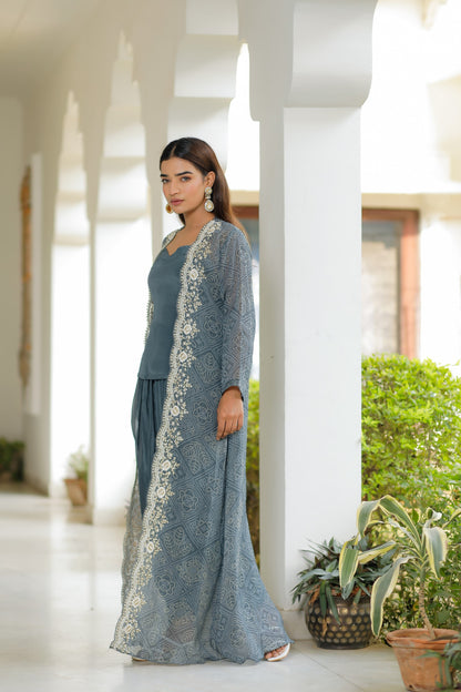 Dark Grey Three Piece Set With Hand Moti Work