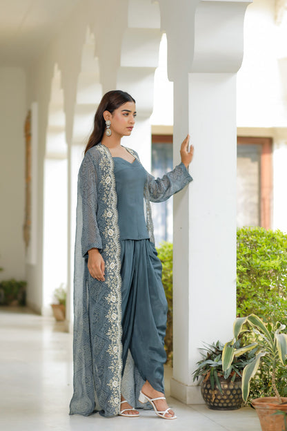 Dark Grey Three Piece Set With Hand Moti Work