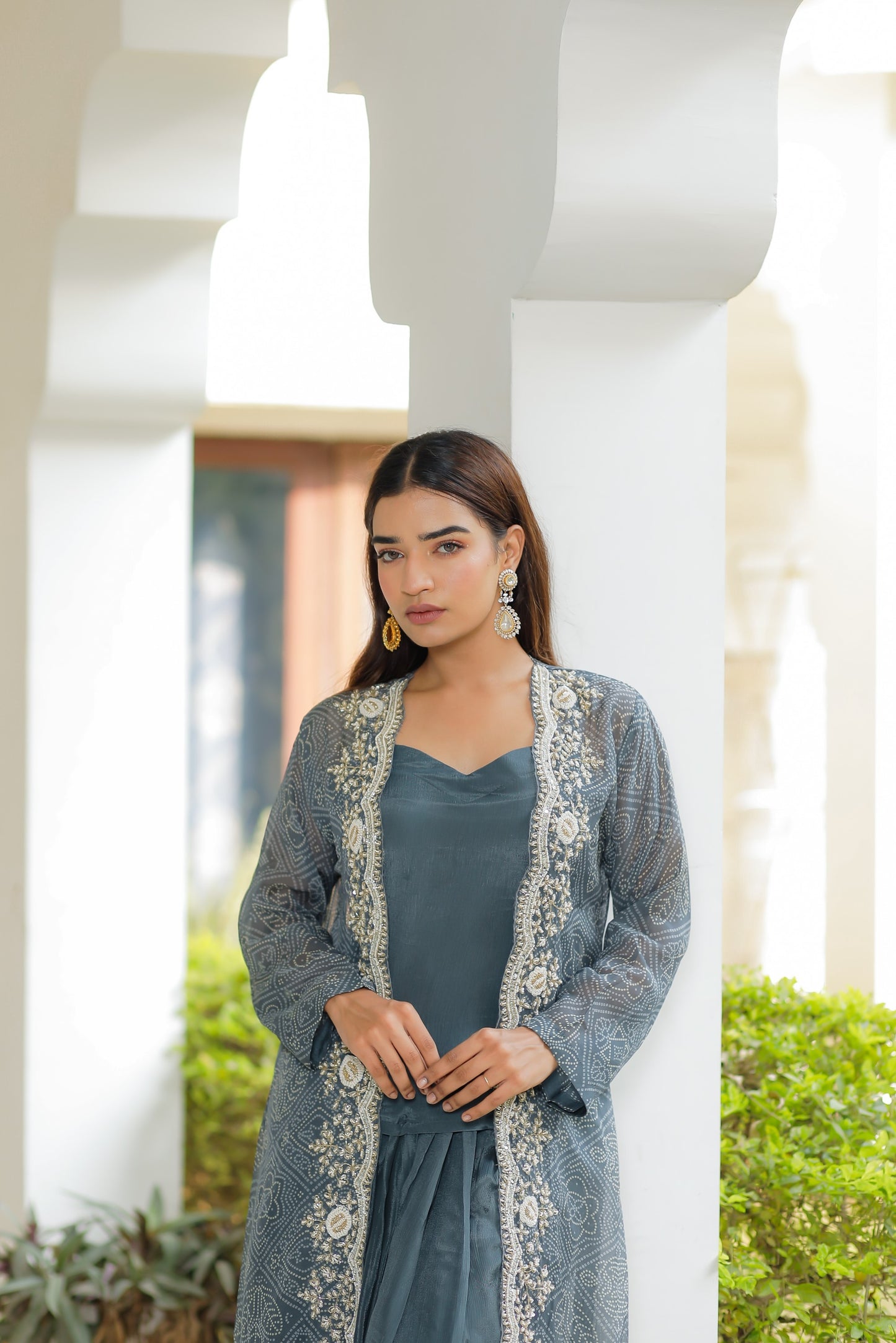 Dark Grey Three Piece Set With Hand Moti Work