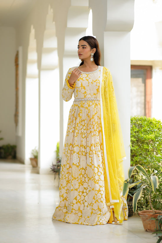 Butter Yellow Floor Length Gown with Floral Thread Embroidery