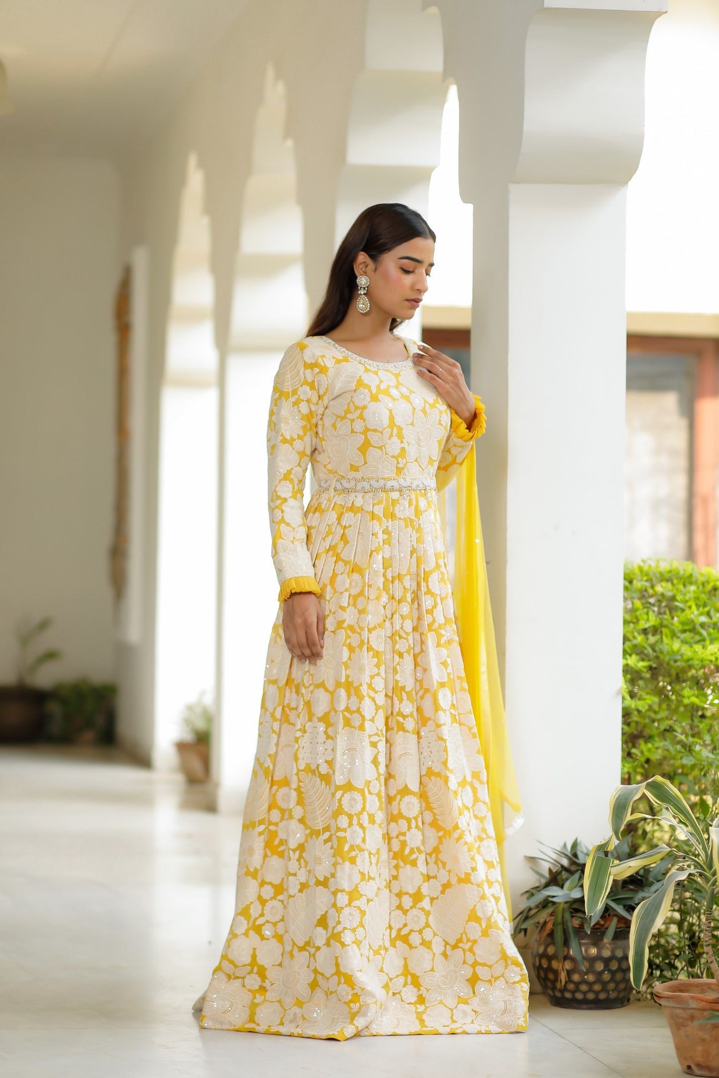 Butter Yellow Floor Length Gown with Floral Thread Embroidery