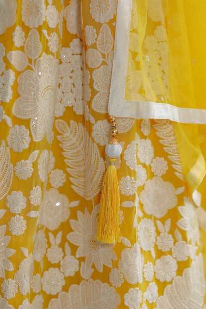 Butter Yellow Floor Length Gown with Floral Thread Embroidery