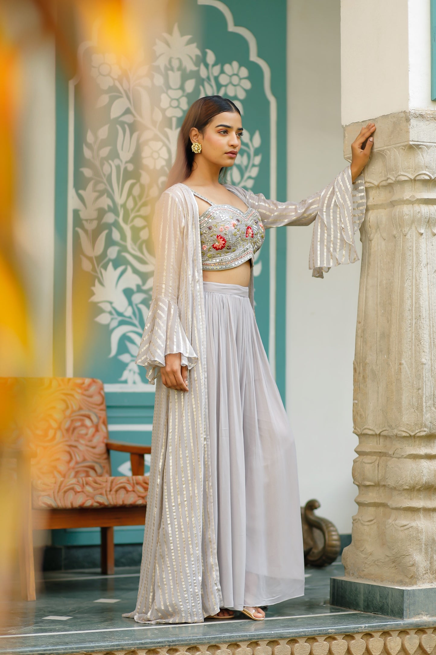 Light Lavender Georgette Three Piece Set With Heavy Blouse
