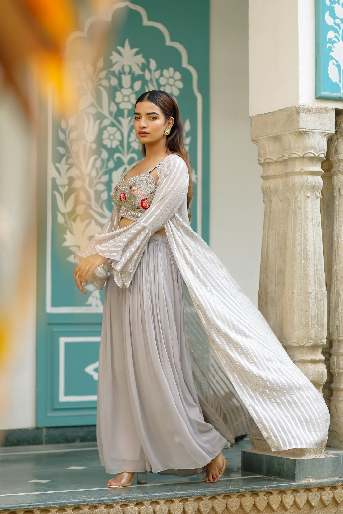 Light Lavender Georgette Three Piece Set With Heavy Blouse
