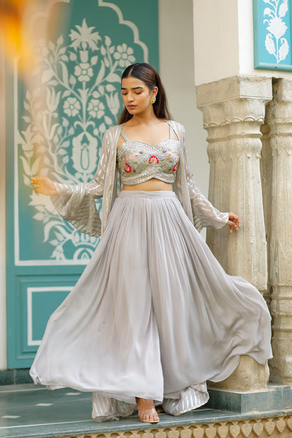 Light Lavender Georgette Three Piece Set With Heavy Blouse