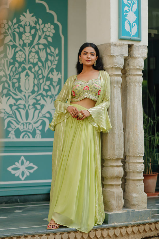 Lime Green Georgette Three Piece Set With Heavy Blouse