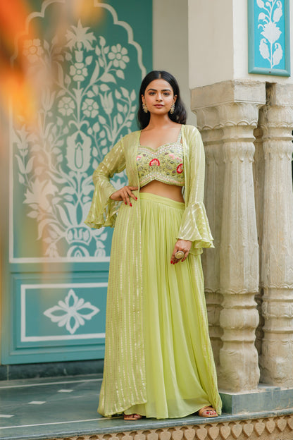 Lime Green Georgette Three Piece Set With Heavy Blouse