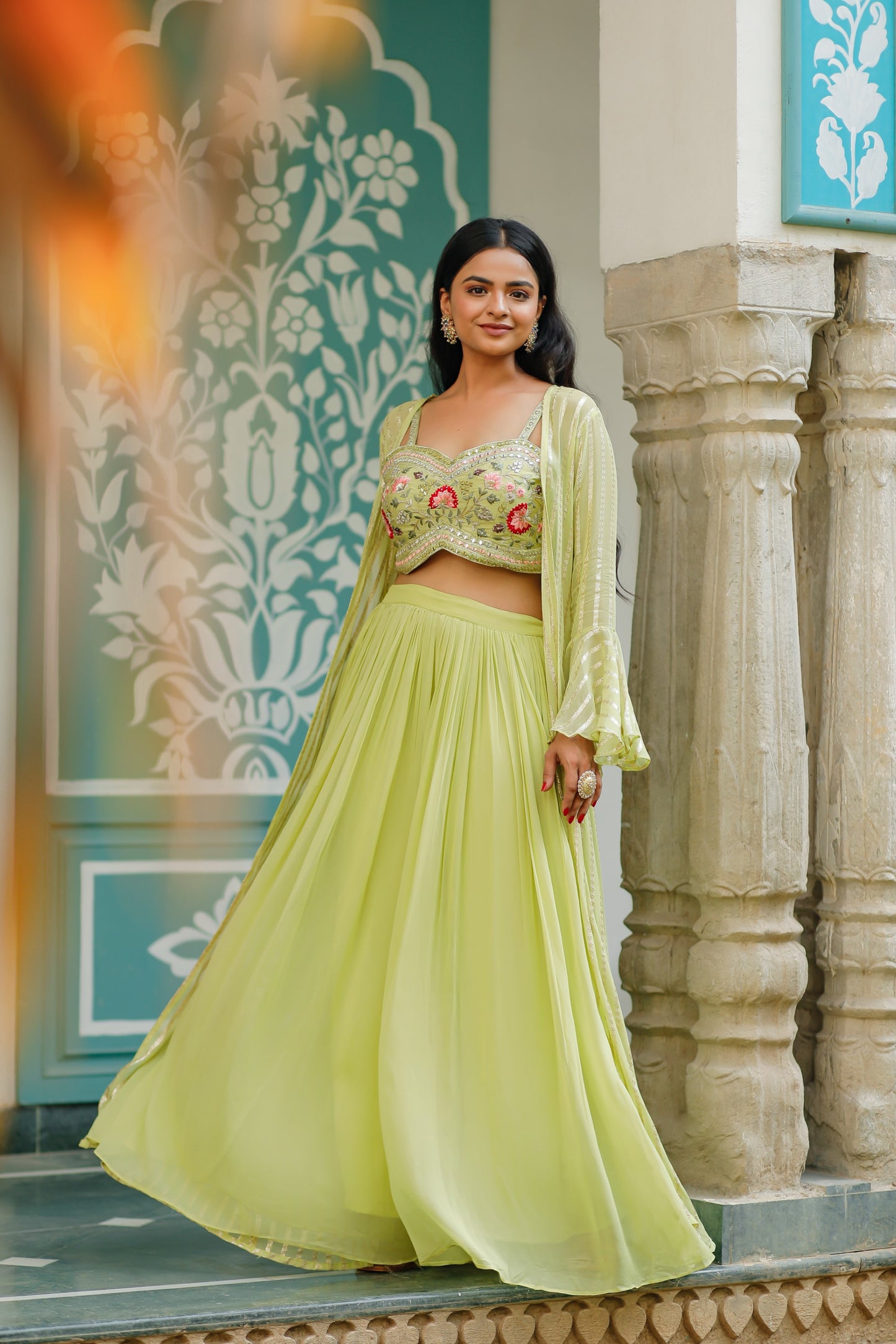 Lime Green Georgette Three Piece Set With Heavy Blouse