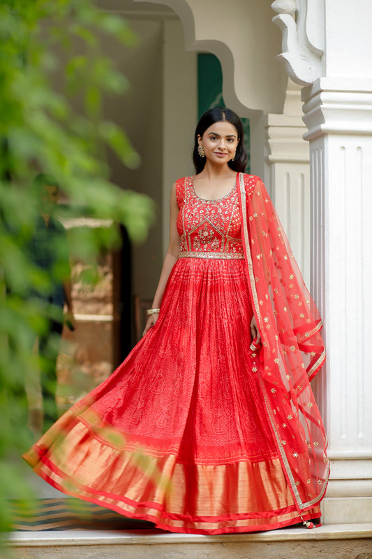 Red Taffeta Bhandej Printed Anarkali Set With Embellished Bodice