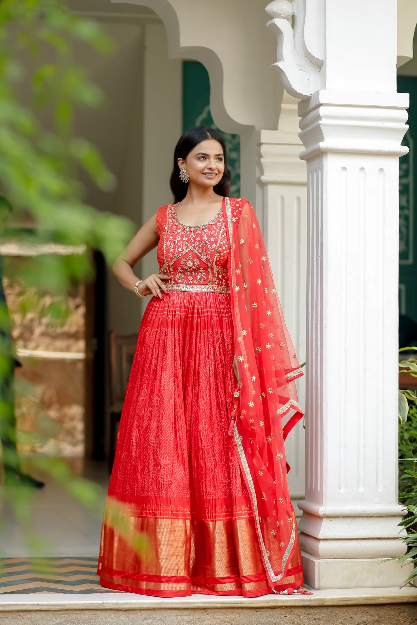 Red Taffeta Bhandej Printed Anarkali Set With Embellished Bodice