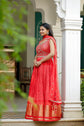 Red Taffeta Bhandej Printed Anarkali Set With Embellished Bodice